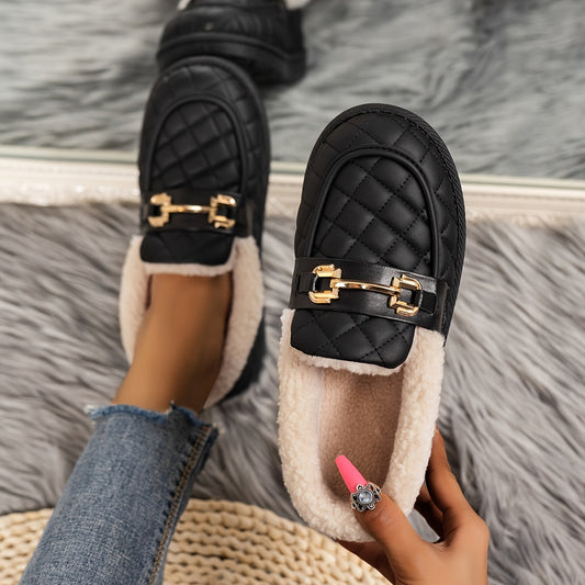 Women's Metal Buckle Fleece Loafers Slip On Shoes