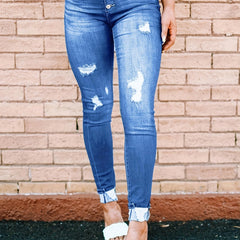Ripped Skinny Jeans Slash Pockets Distressed Slim Fit Button Denim Pants