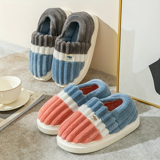 Women's Colorblock Plush Slippers Cozy Slip On Fuzzy Indoor Shoes