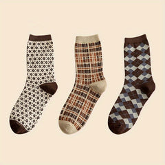 Floral & Plaid Print Socks Retro College Style Women's Stockings