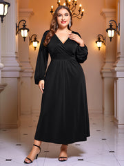 Solid Lantern Sleeve Surplice Neck Maxi Dress