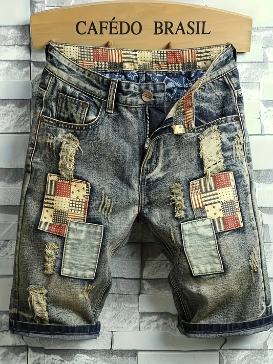 Vintage Patchwork Ripped Denim Shorts Men's Slim Fit Straight Leg Shorts