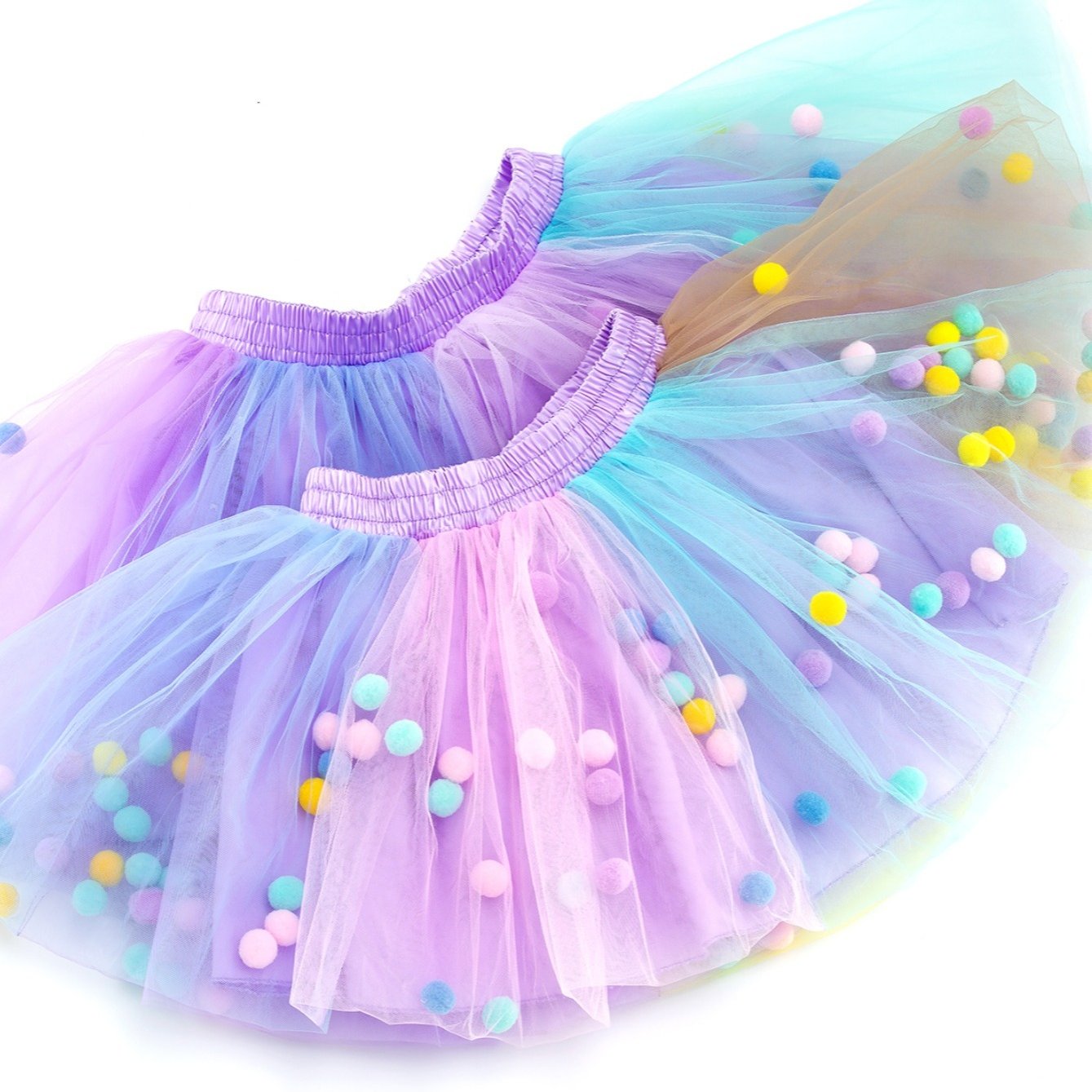 Girls Fluffy Tulle Tutu Skirt with Pom Pom for Party