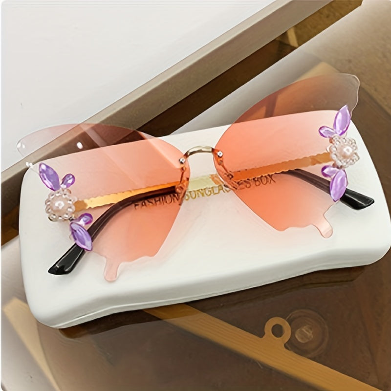 Butterfly Sunglasses Faux Pearl Decor Rimless Glasses UV400