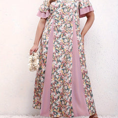  Colorblock Floral Print Ruffle Sleeve Dress
