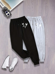 2 Pack Plus Size Butterfly Print Sports Pants Elastic Waist Drawstr