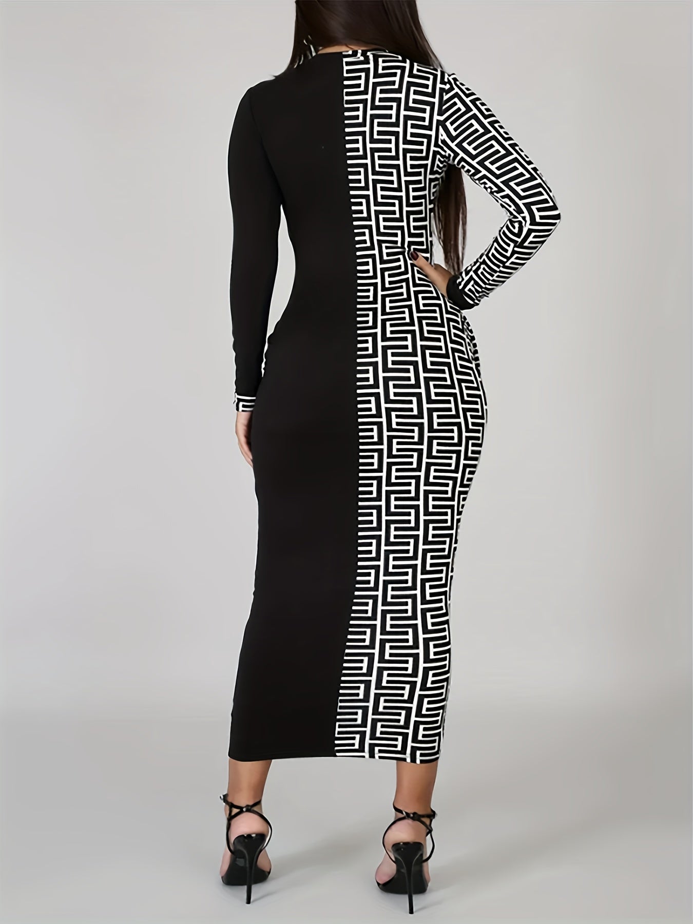  Colorblock Geometric Print Bodycon Midi Dress