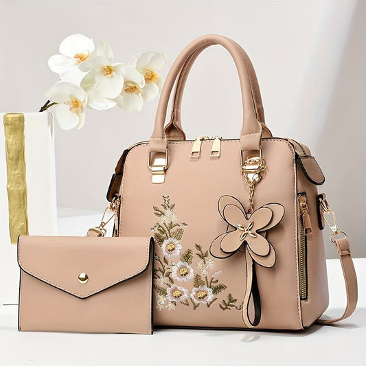 Women's Floral Embroidered Handbag Set with Clutch