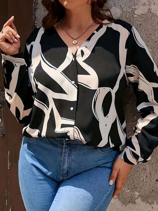  Casual Blouse Women's Plus Random Print Button Up