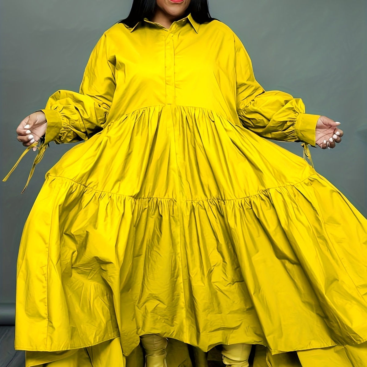  Tie Lantern Sleeve Ruffle Smock Dress