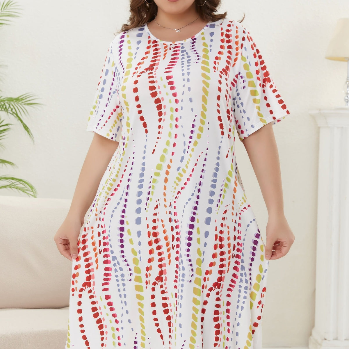  Tie Dye Striped Short Sleeve Nightdress High Stretch Tee Sleep Dress