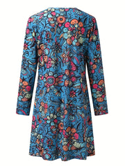  Women's Floral Print Long Sleeve V Neck Dress