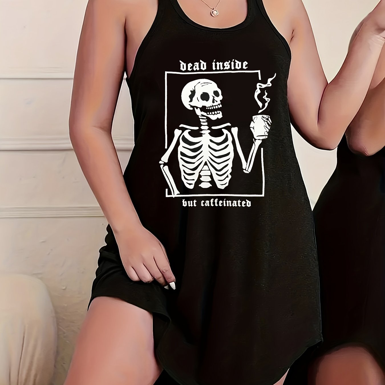  Halloween Skull & Coffee Print Lounge Dress