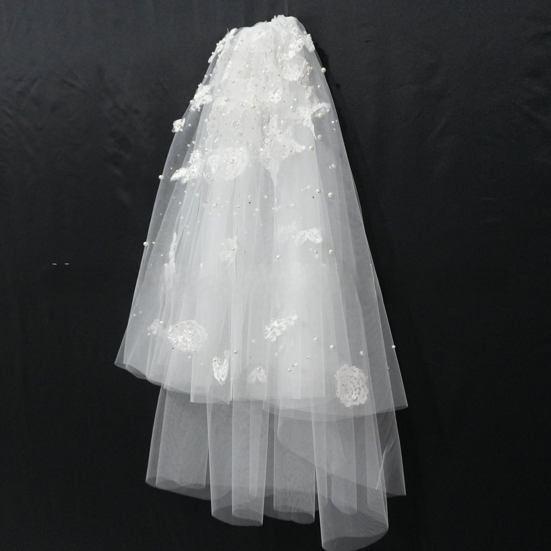 Forest Themed Short Lace Veil with Handcrafted Pearl Butterfly Trim