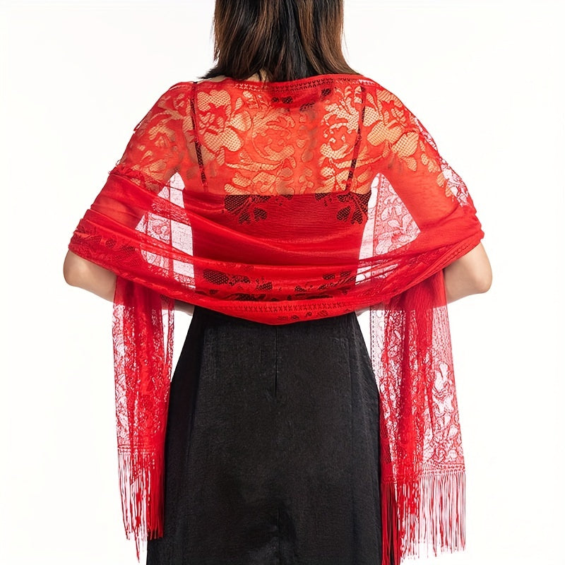 Lace Shawl Solid Hollow Out Tassel Wrap Scarf For Evening Dresses