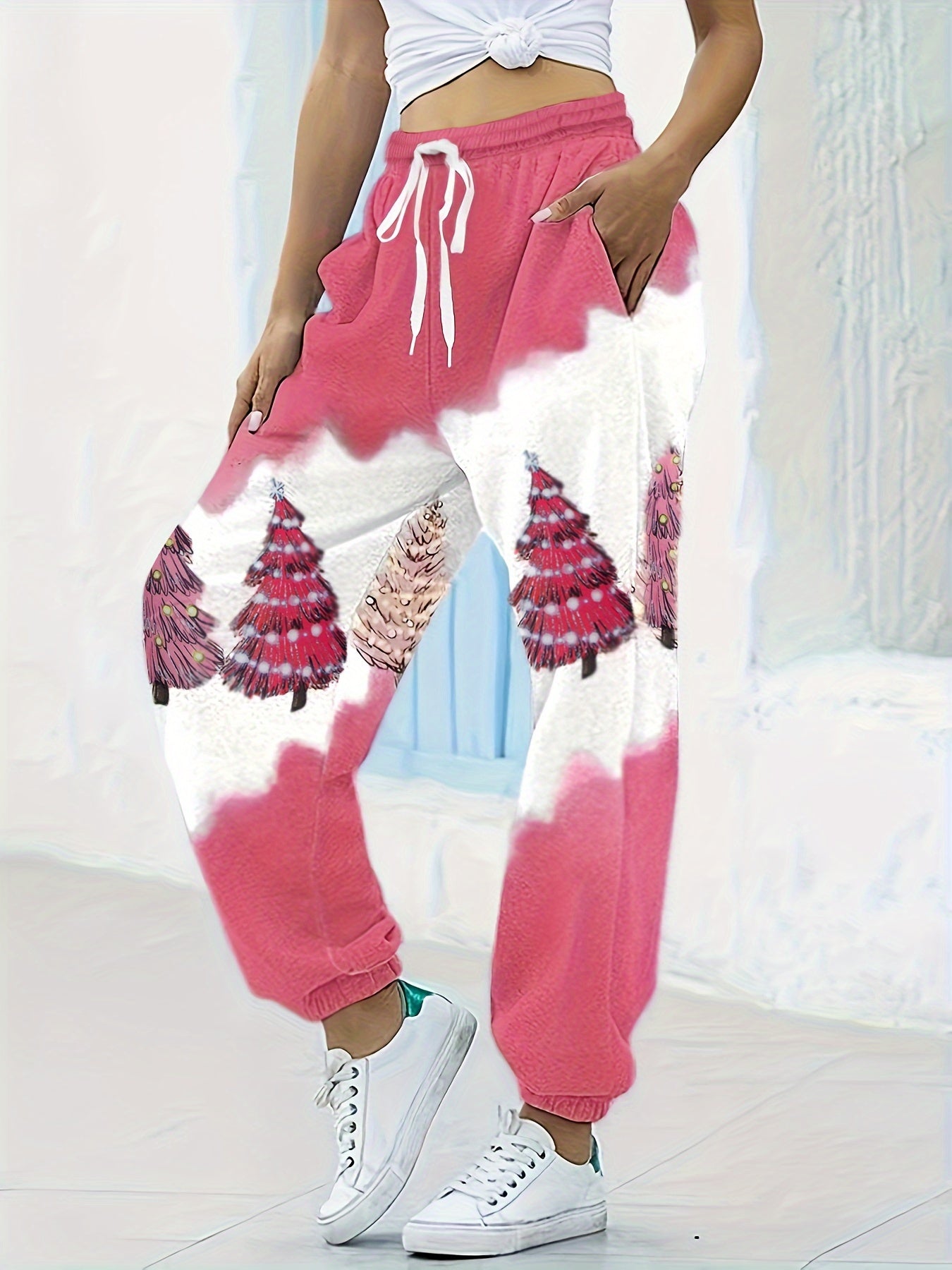  Christmas Tree Print Bow Front Stretch Joggers