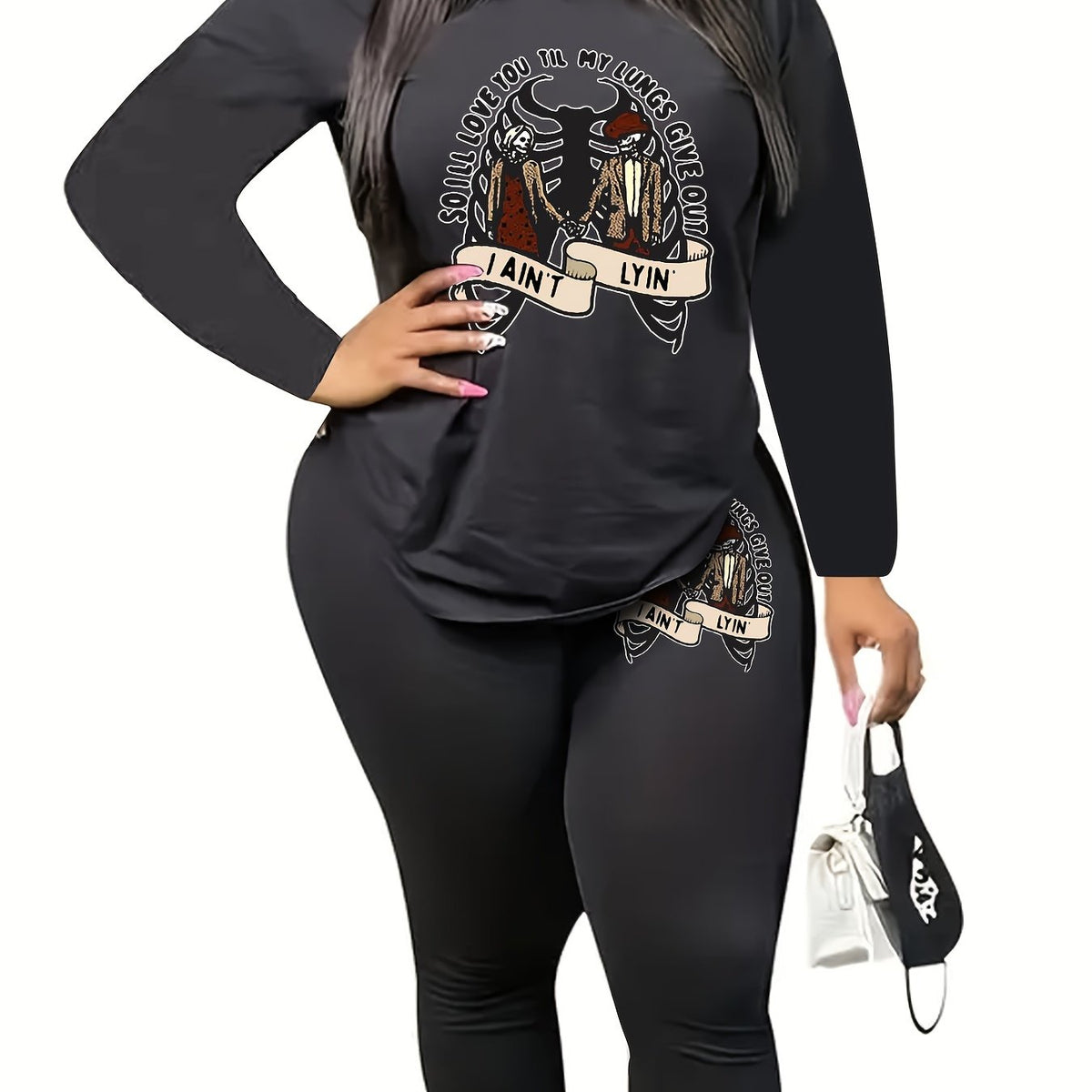  Halloween Outfits Women's Plus Skull Couple Print Top & Leggings Set