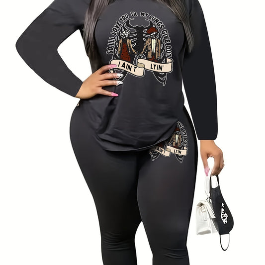  Halloween Outfits Women's Plus Skull Couple Print Top & Leggings Set