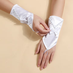Satin Short Gloves with Bow and Rhinestone - Party Bride Wedding Prom Glov