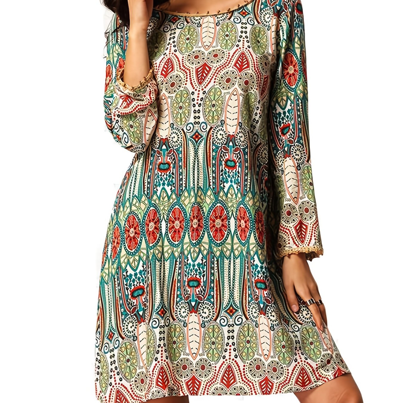 Women's Plus Allover Print Frill Trim Long Sleeve Round Neck Pleated Dress