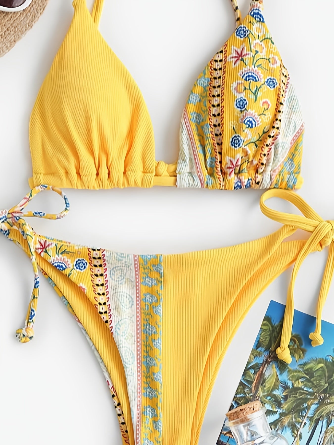 Floral Print Patchwork Bikini Sets Tie Back Backless Beachwear 2 Pieces Swimsuit