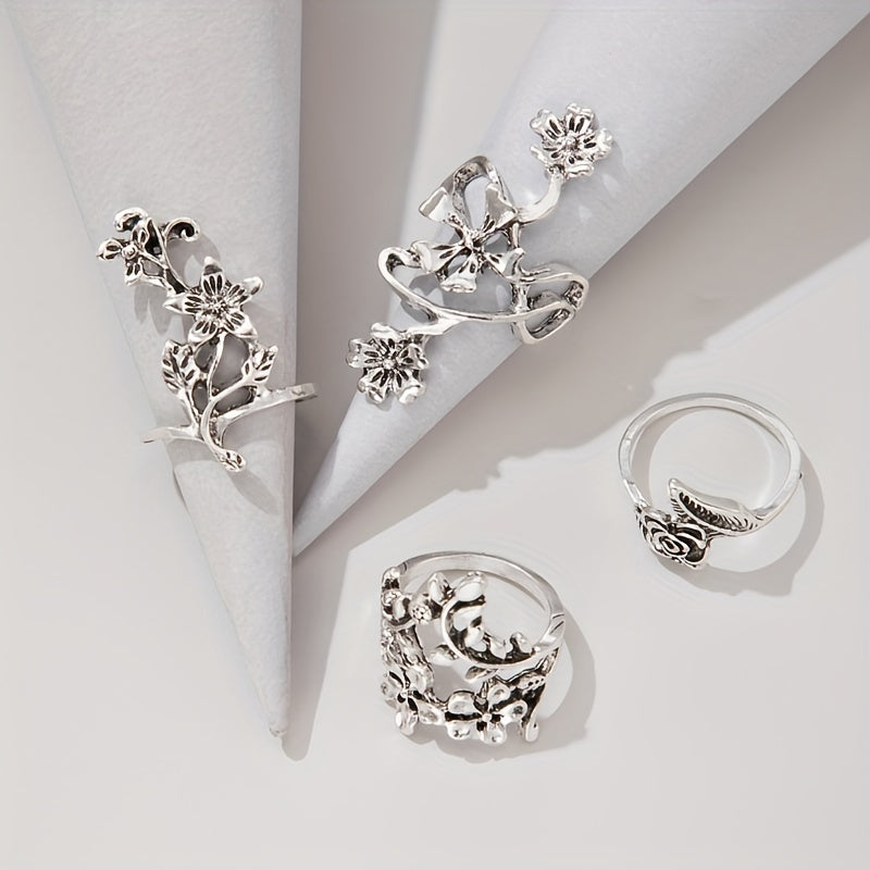 Boho Flower Stackable Leaf Finger Rings Set of 4