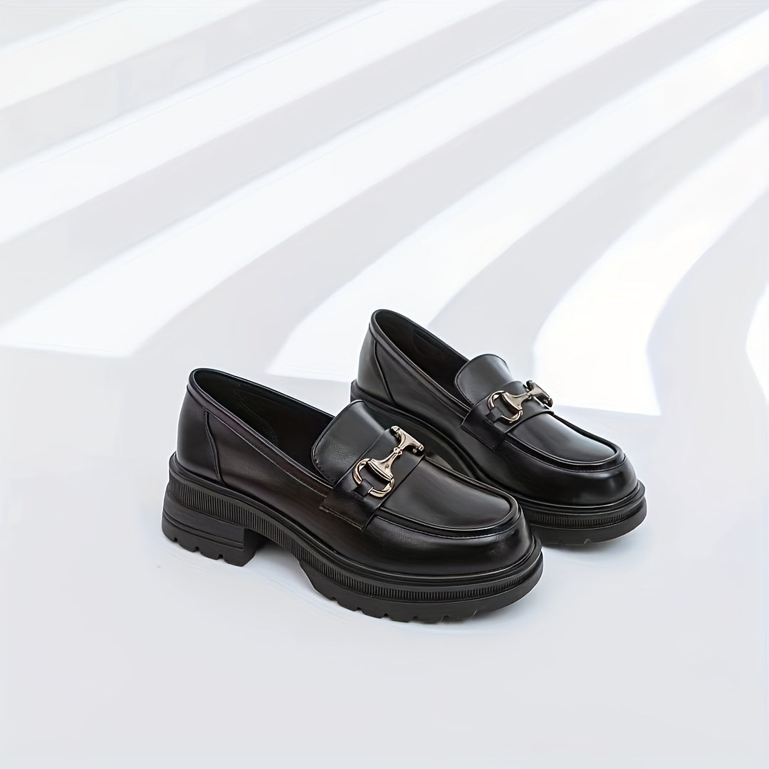 Women's Chunky Heel Loafers Slip On Faux Leather Shoes