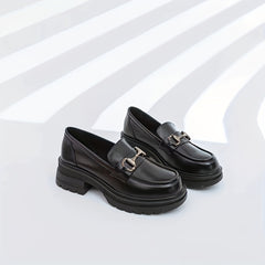 Women's Chunky Heel Loafers Slip On Faux Leather Shoes