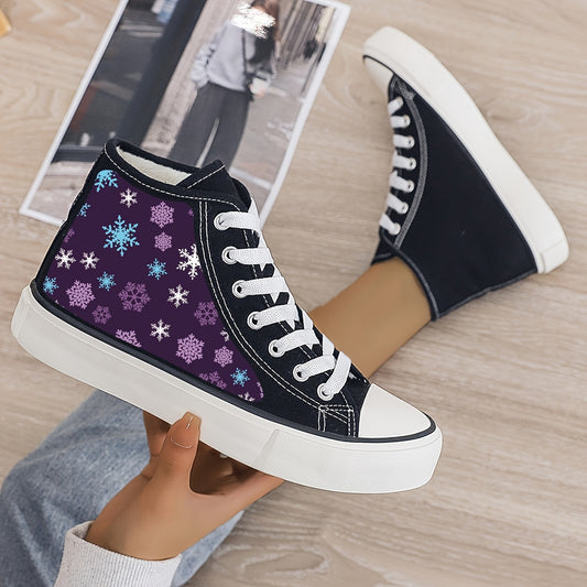 Christmas Snowflake Print Plush Lined Canvas Sneakers