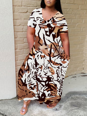 Women's Plus Graphic Print Short Sleeve Maxi Dress With Pockets