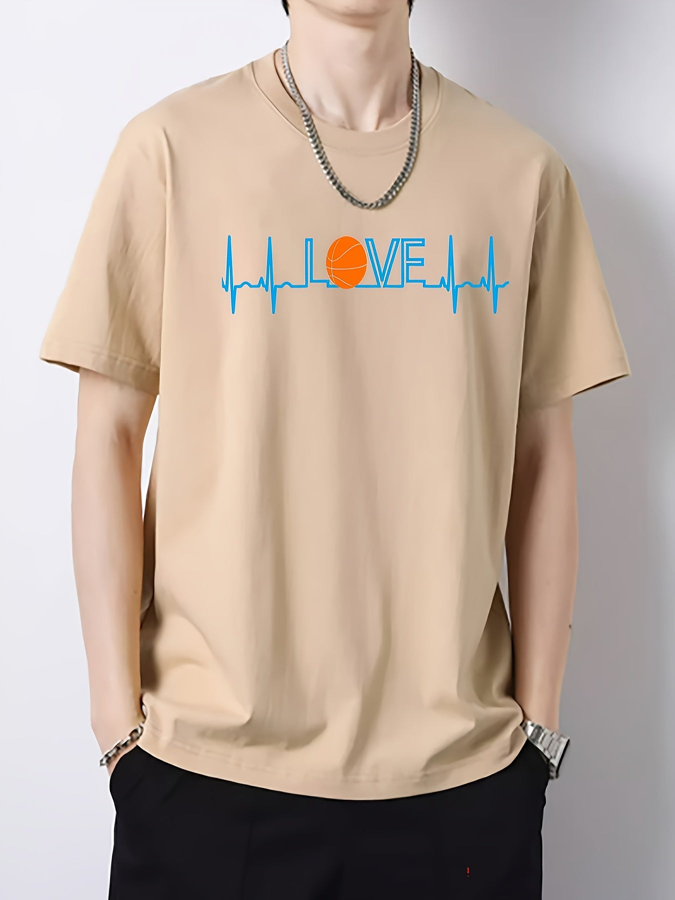 Men's Crew Neck Regular Fit Basketball Pattern T Shirt