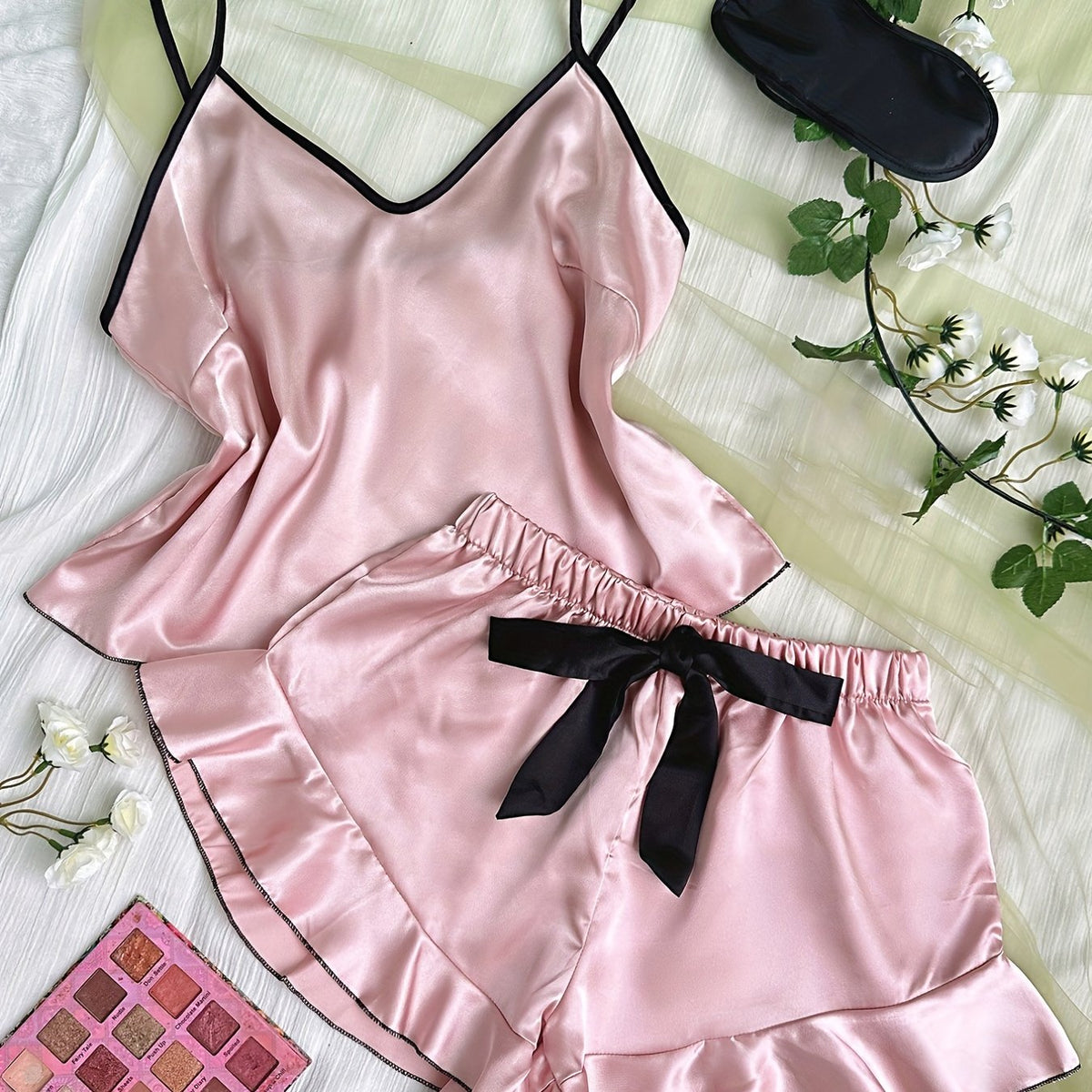 Satin Pajama Set V Neck Cami Top & Ruffle Shorts Sleepwear