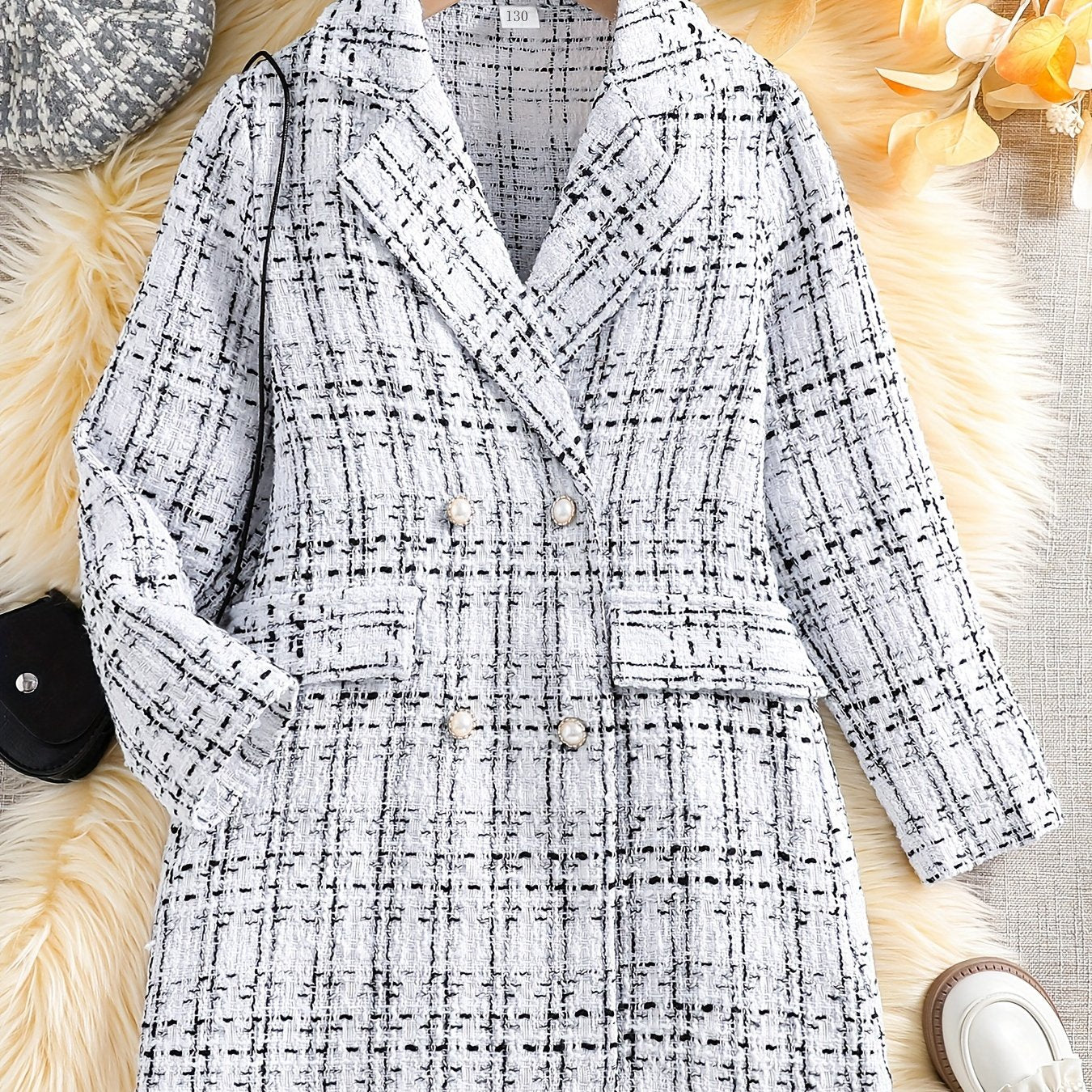 Girls' Lapel Tweed Jacket Double Breasted Sweet Overcoat Jackets