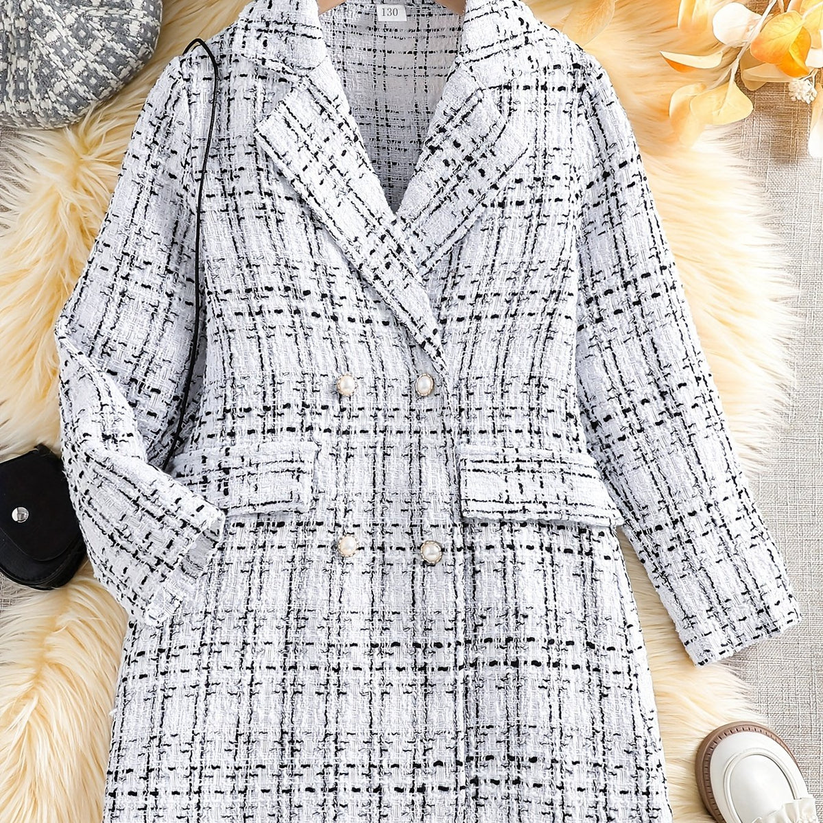 Girls' Lapel Tweed Jacket Double Breasted Sweet Overcoat Jackets