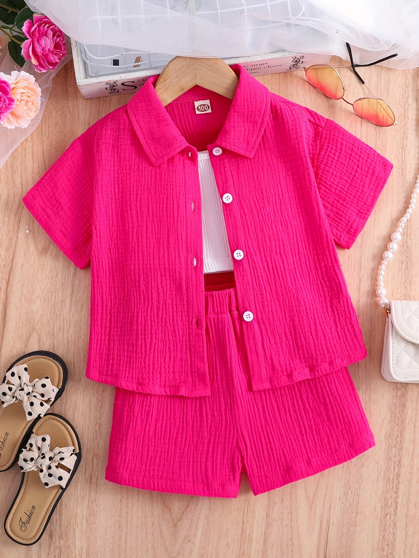 Kids Button Down Short Sleeve Jacket & Cropped Camisole & Shorts Girls Suit