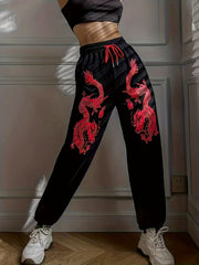 Dragon Print Drawstring Waist Sweatpants for Women
