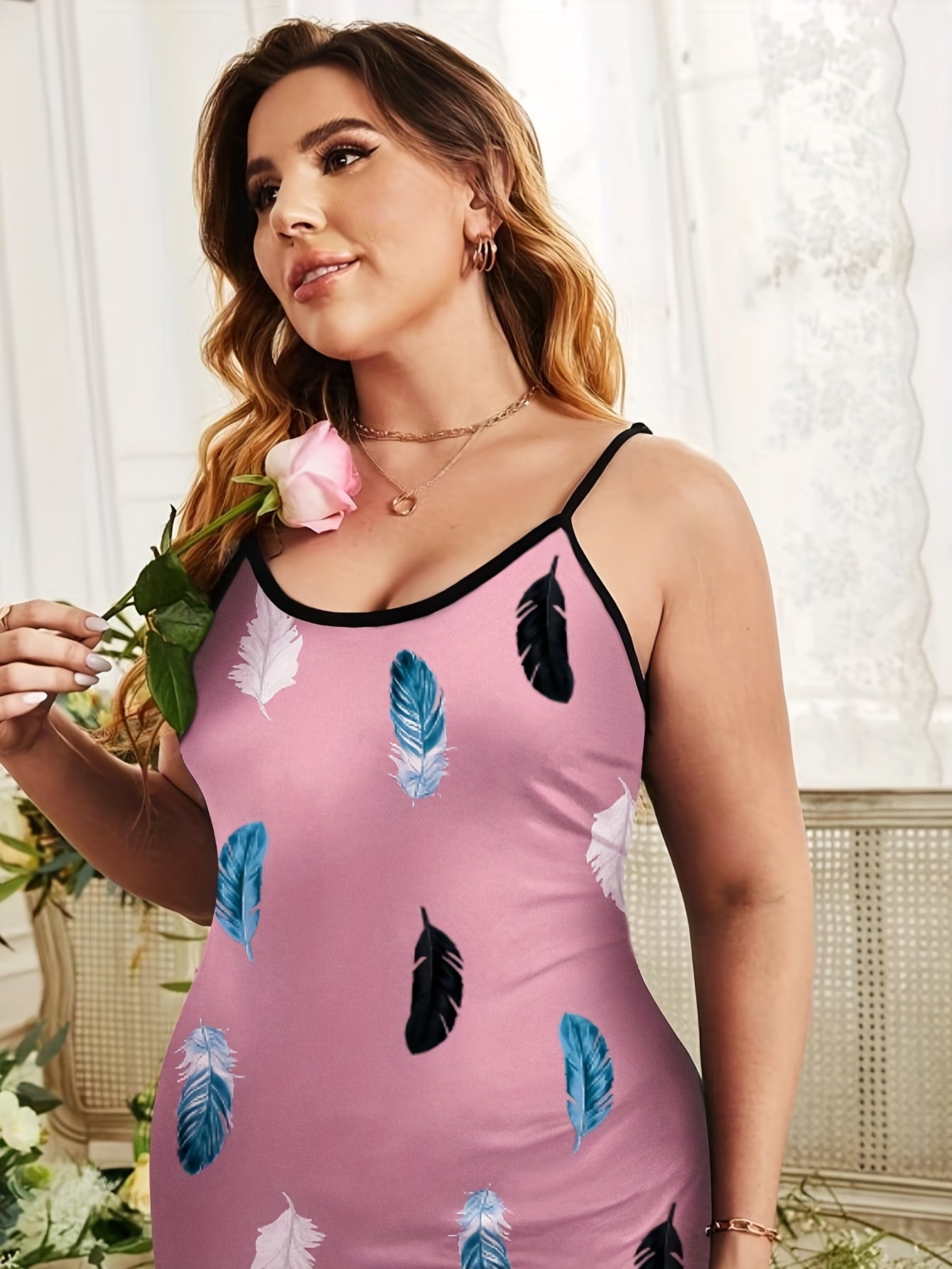 Women's Plus Feather Print Nightdress Round Neck Cami Sleep Dress