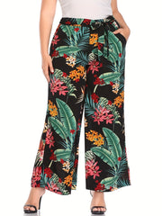 Women's Plus Tropical Print Wide Leg Pants With Belt
