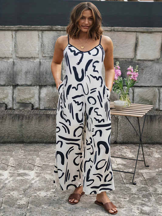  Graffiti Print Cami Jumpsuit Wide Leg With Pockets