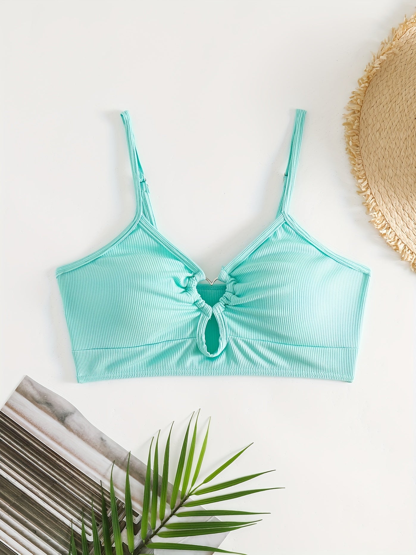 Heart Linked Tankini Top Rib Knit V Neck Beachwear Top