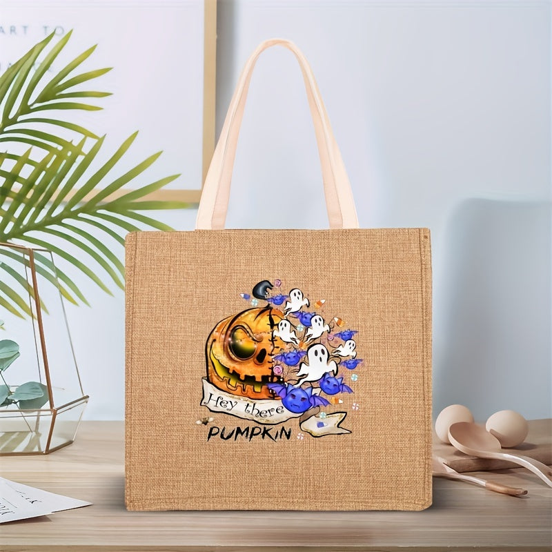 Halloween Tote Bag Pumpkin & Ghost Pattern Lightweight Shoulder Bag