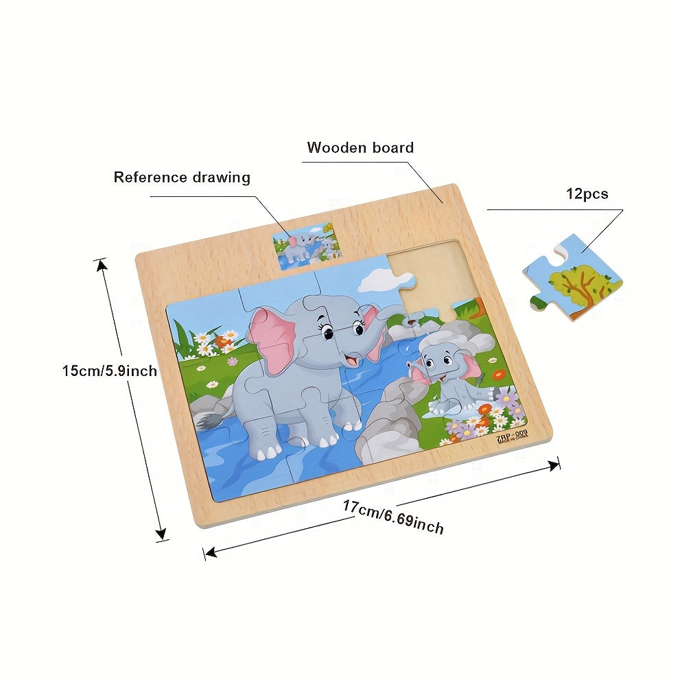 12pc Wooden Puzzle Board - Animals & Transportation Themes