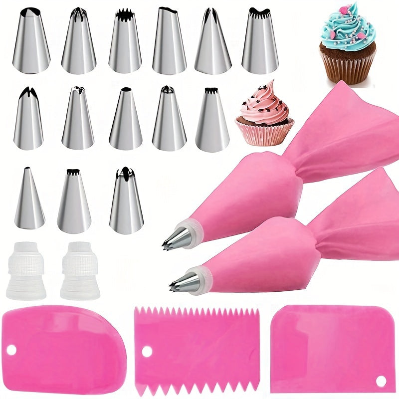 21pcs Piping Bags And Tips Set - Reusable Silicone Pastry Bag With Stainless Ste