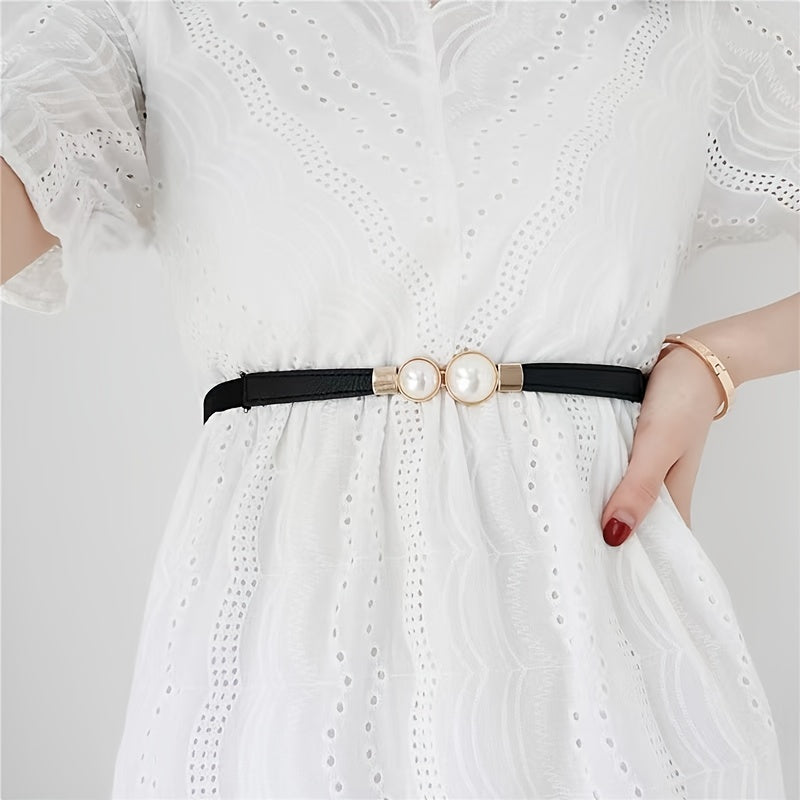 Faux Pearl Buckle Waist Belt Sweet Elastic Skinny Dress Belt