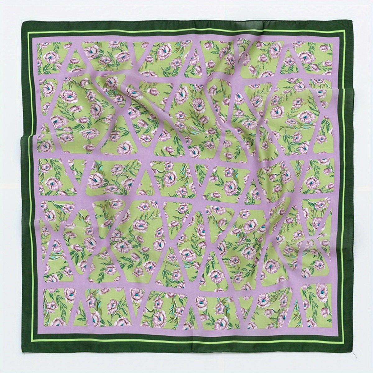 Eustoma Print Bandana Square Scarf Silky Geometric Block Purple Neck Wrap