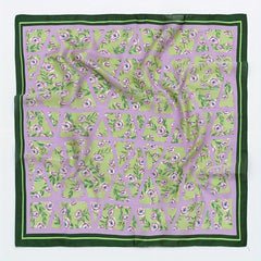 Eustoma Print Bandana Square Scarf Silky Geometric Block Purple Neck Wrap
