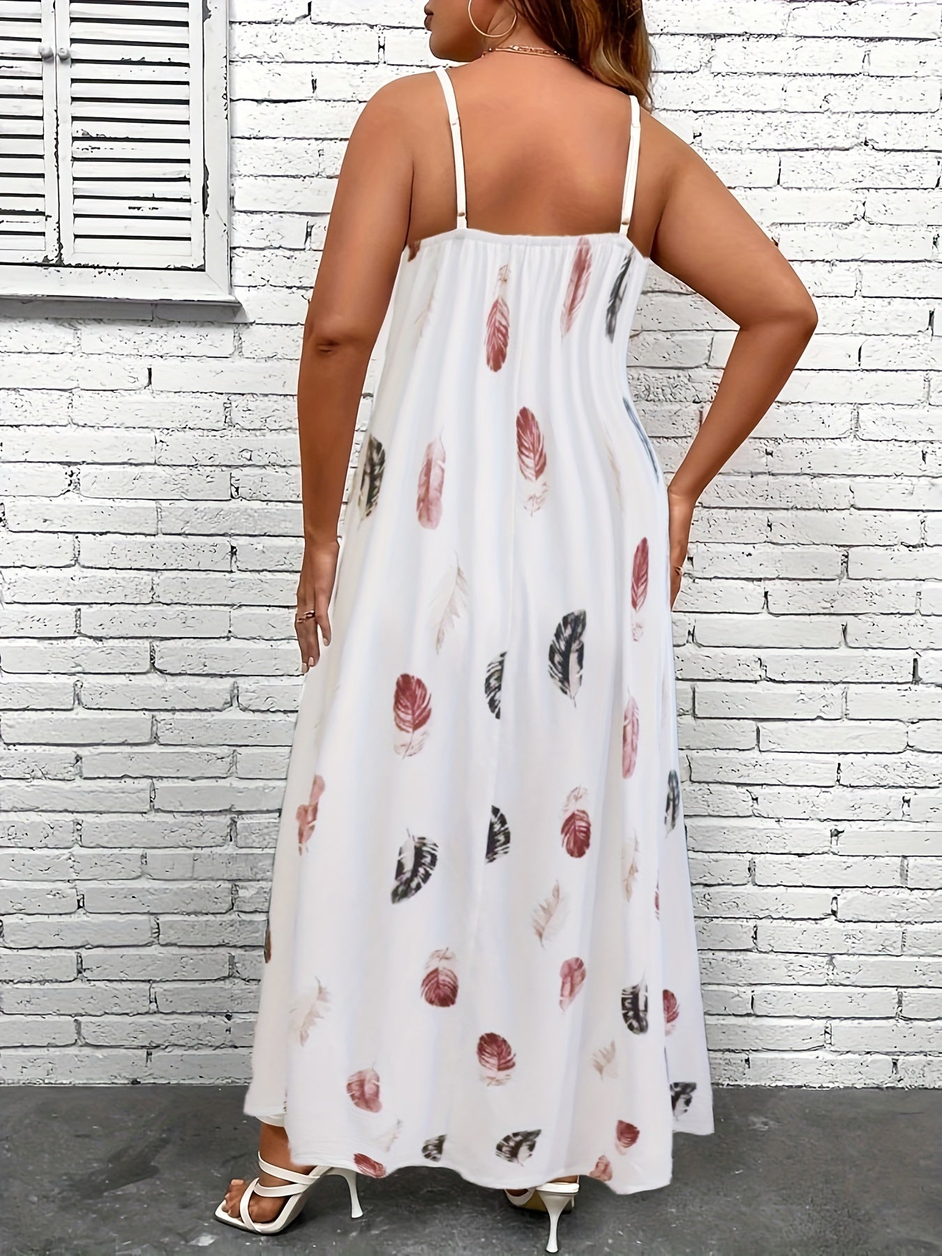  Feather Print V Neck Maxi Cami Dress