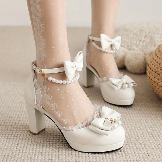 Mary Jane Bow Pearl Ankle Strap Block Heels Lolita Pumps