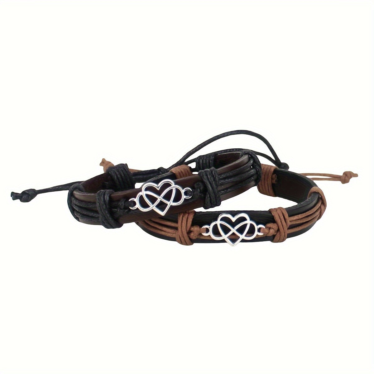 Adjustable Leather Braided Couples Bracelet Set - 2pcs Heart Shaped