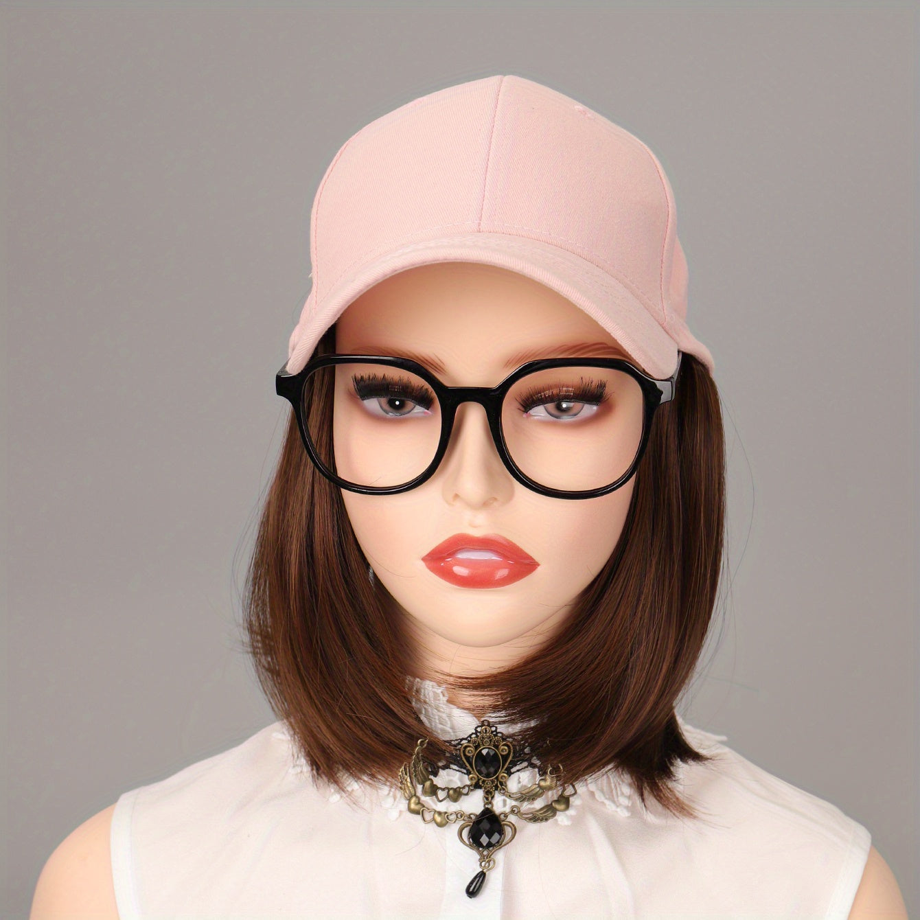 Pink Straight Bob Cap Wig Shaved Face Combed Cap Short Hair